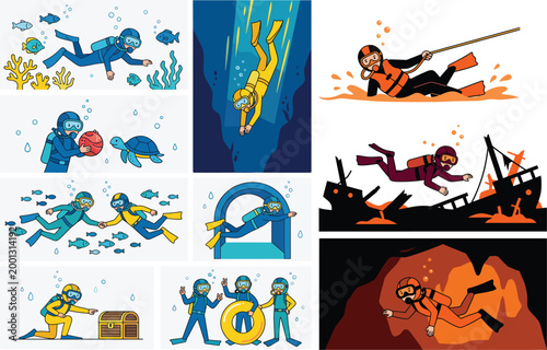 Underwater diving adventure illustration set with scuba divers exploring ocean, shipwreck scenes and treasure hunting concept for marine design projects
