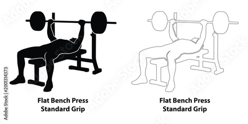 Man Black Silhouette and Outline Set Performing Flat Barbell Bench Press with Standard Grip for Chest Strength and Bodybuilding Illustration