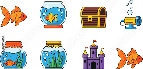 Goldfish Aquarium Fantasy Icons Set Isolated on White Background