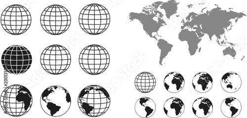 World map and globe icons set earth geography global vector collection minimal outline solid design