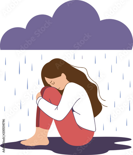 Depressed woman sitting and crying under a rain cloud representing sadness loneliness grief and mental health struggle concept