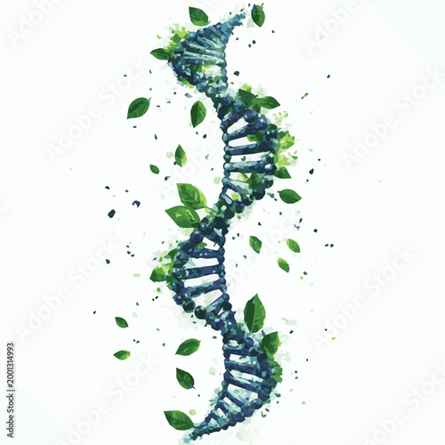 Abstract representation of DNA with leaves symbolizing life and nature, reflecting biological diversity and innovation.