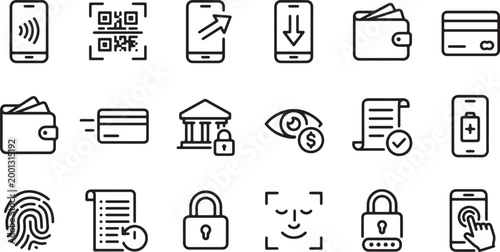 Digital payment and security icon set vector with mobile wallet QR code biometric authentication banking finance line outline symbols collection