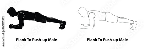 Man Black Silhouette and Outline Set Performing Plank to Push-up Exercise for Core Stability and Upper Body Strength Training Illustration