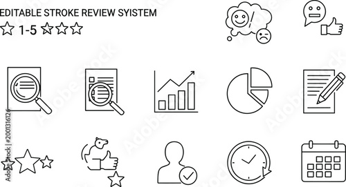 Editable stroke review system icon set featuring ratings, feedback, analytics, reports, satisfaction, and customer evaluation symbols