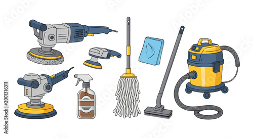 A diverse collection of commercial cleaning equipment includes floor buffers, a vacuum cleaner, a mop, a spray bottle, and a blue cloth arranged against a plain light background.