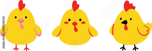 Cute cartoon chicken character set with different expressions simple flat style adorable farm animal vector illustration isolated on light background