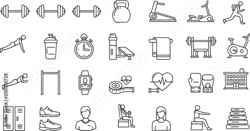 Fitness gym icon set with workout equipment exercise training health sports outline vector collection for active lifestyle design