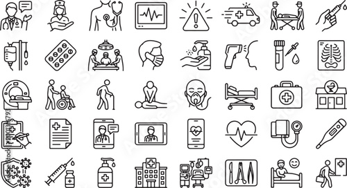 Healthcare medical icon set vector with hospital doctor patient equipment ambulance treatment line outline symbols collection modern minimal design