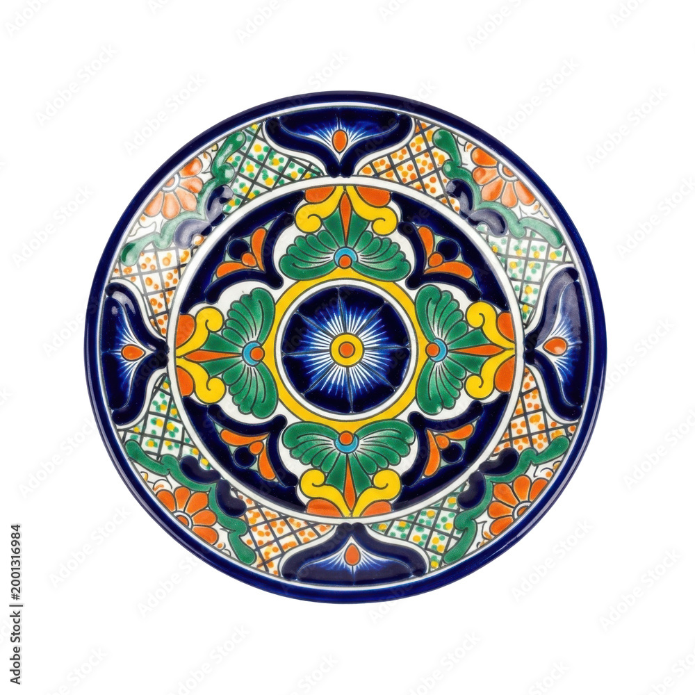Fototapeta premium Traditional Hand-Painted Mexican Talavera Ceramic Plate Isolated on White Background