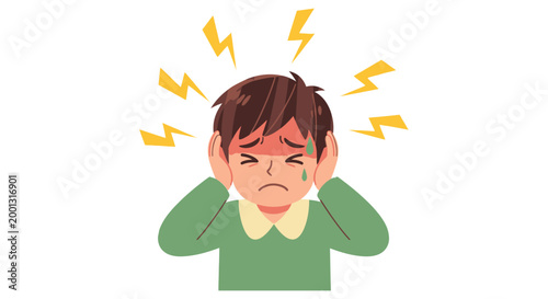 A vector graphic of a young boy covering his ears, overwhelmed by a headache or loud noise.
