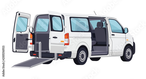Accessible white minivan with ramp and open doors for easy passenger entry and exit