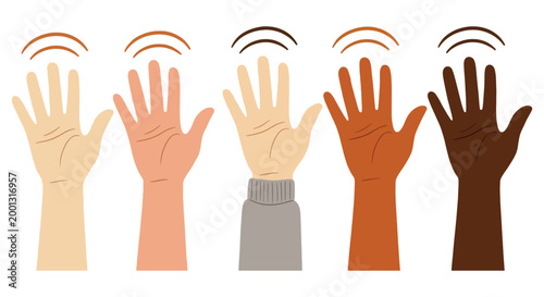 Diverse hands raised in a friendly waving gesture featured in this colorful flat vector graphic illustration