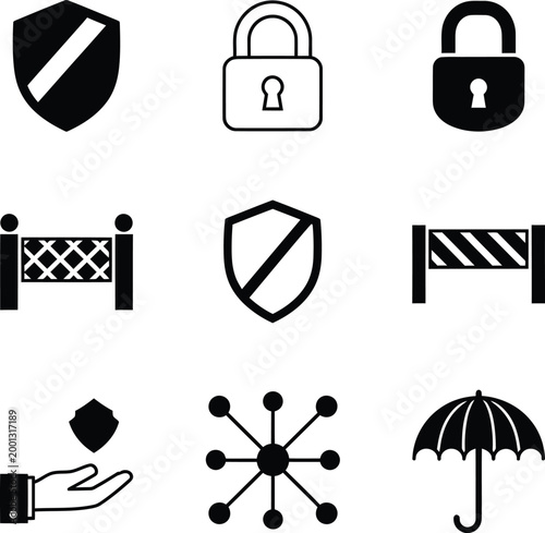 Security Icons Set with Shields Locks and Barriers