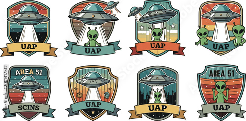 UFO and Alien Badge Logo Set Featuring Flying Saucer, Area 51, UAP Emblems for Sci Fi Branding, Vintage Patch Design and Space Theme Graphics