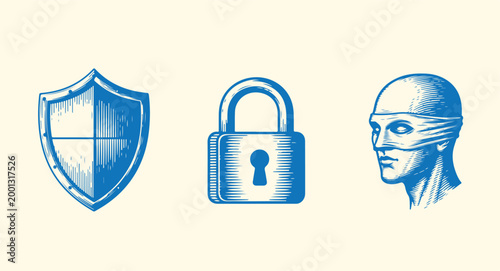 Blue shield lock and blindfolded head icons on beige background for security.