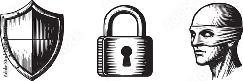Shield lock and blindfolded head icons for security privacy protection and data safety.