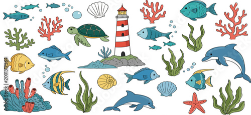 Underwater Marine Life Illustration Set with Fish, Dolphin, Turtle, Coral Reef, Lighthouse, and Sea Elements for Ocean Nature, Aquarium, and Kids Design
