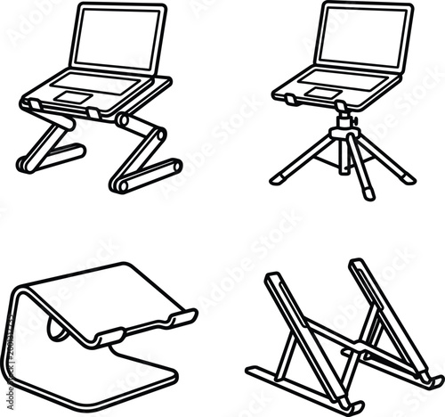 Minimalist line art set of adjustable laptop stands and ergonomic computer risers for office desk setup and workstation icons.