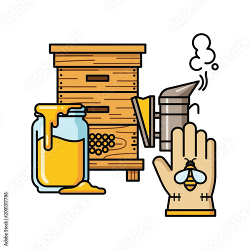 Illustration of beekeeping equipment including a beehive, honey jar, smoker, and protective glove with a bee emblem.