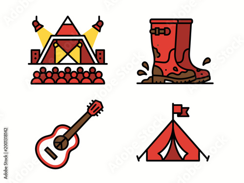 A colorful illustration of music festival icons on transparent background