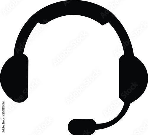Black Headset with Microphone Icon on White Background
