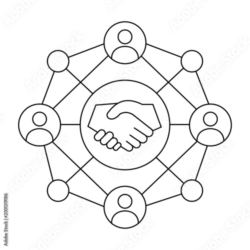 Foto Business networking and partnership handshake icon within a connected group