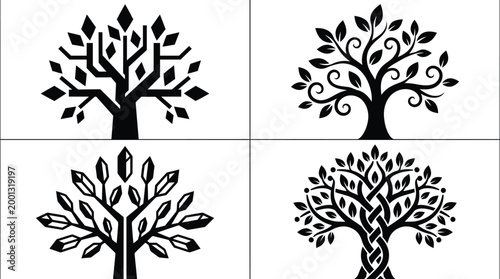 Set of four diverse black and white tree icons featuring geometric, elegant, crystalline, and braided designs for logos.