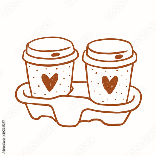 Two takeaway coffee cups in holder line art