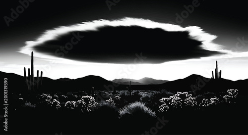 Dramatic Desert Landscape with Cacti under Ominous Storm Cloud