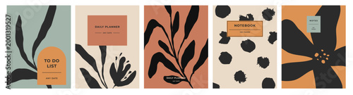 Foto Boho minimalist planner and notebook covers set with abstract botanical shapes,
