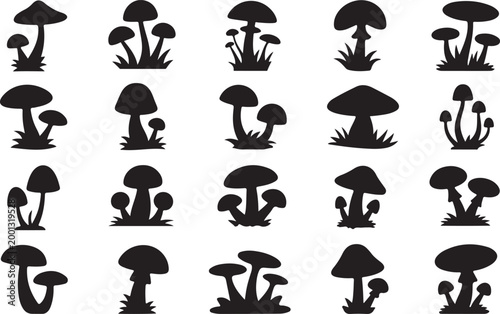 Diverse Collection of Generic Mushroom Silhouettes Representing Various Fungal Forms in Nature