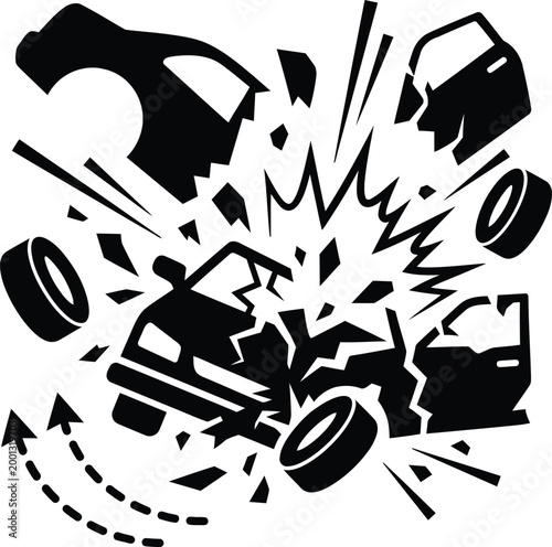 Black and white vector illustration of a major car crash with auto parts flying in an explosive accident scene.