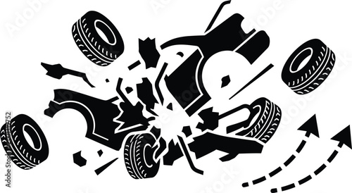 Silhouette of a vehicle crash explosion with detached tires and moving arrows representing a sudden car accident.