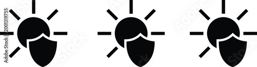 UV protection shield icon set, sun safety and sunscreen defense symbol, modern outline vector collection representing skin protection, ultraviolet blocking, and health safety concepts for skincare,