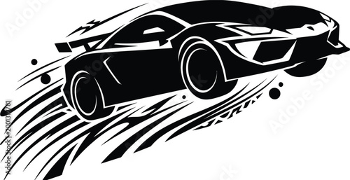 Stylized silhouette of a fast modern supercar drifting with high speed motion streaks in minimalist vector art.