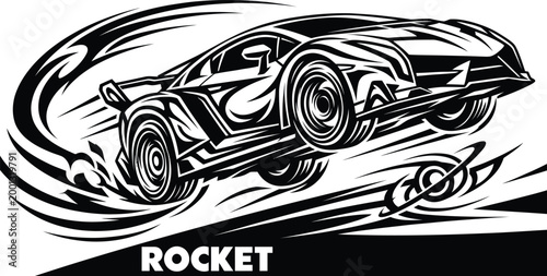 Black and white dynamic vector illustration of a sports car performing a high speed stunt for rocket league fans.