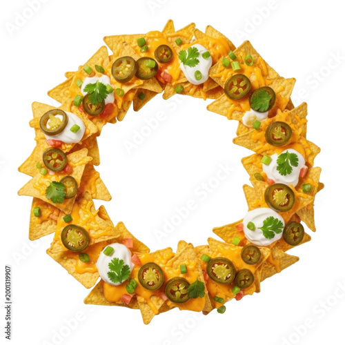Festive Christmas Nacho Wreath with Tortilla Chips, Melted Cheese, Jalapeños, and Sour Cream