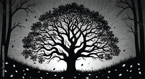 Tree Silhouette with Leaves and Branches in Dark Forest