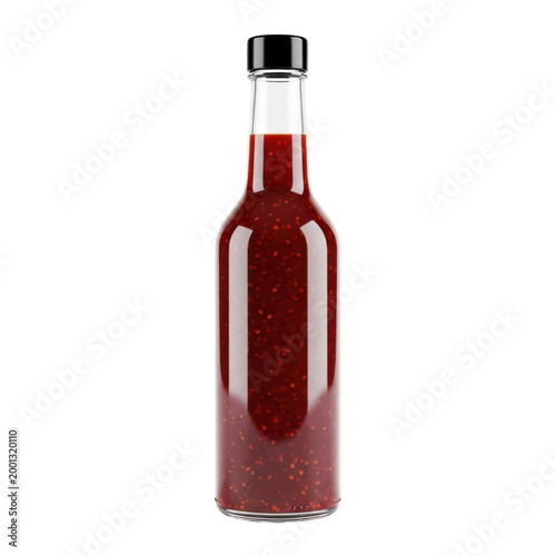 Hot Chili Sauce or Spicy Red Condiment in a Clear Glass Bottle Isolated on White Background