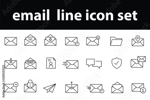 Transparent PNG available
Comprehensive line icon set featuring email envelopes, digital inbox notifications, paper plane delivery, secure mailing, and phishing alert symbols.