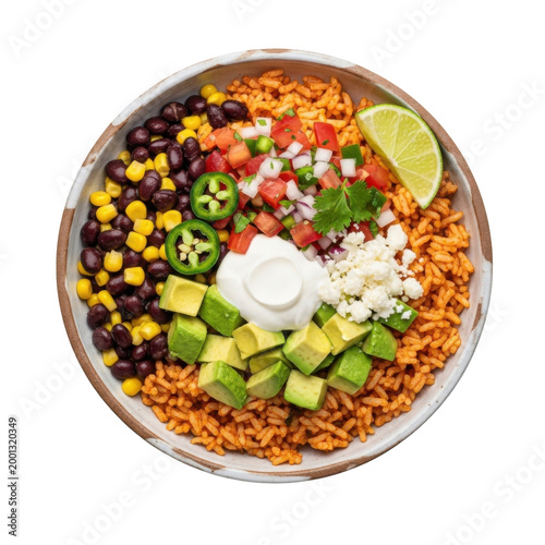 Healthy Mexican Burrito Bowl with Rice, Black Beans, Corn, Avocado, and Pico de Gallo Isolated on White Background