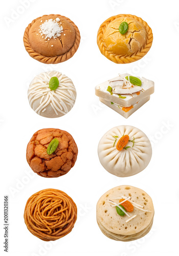 Collection of traditional indian sweets and desserts arranged in a grid