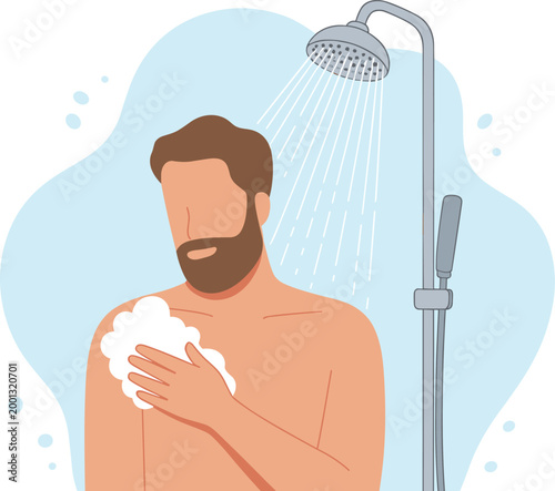Bearded man taking a refreshing morning shower with soap suds under running water for personal hygiene and grooming