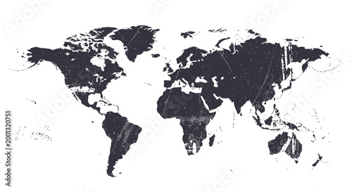 Black and White World Map with Grunge Texture, Global Landmasses Outline on Isolated White Background