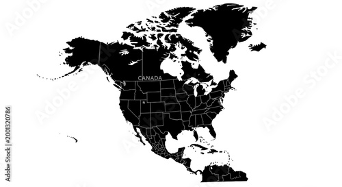 Black Silhouette Map of North America with Country Borders, Detailed Geographic Outline on Isolated White Background