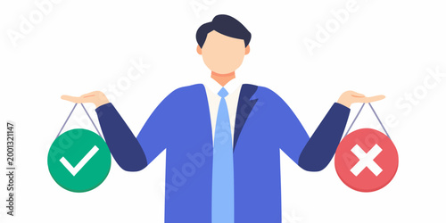 person holding checkmark and cross symbols vector illustration