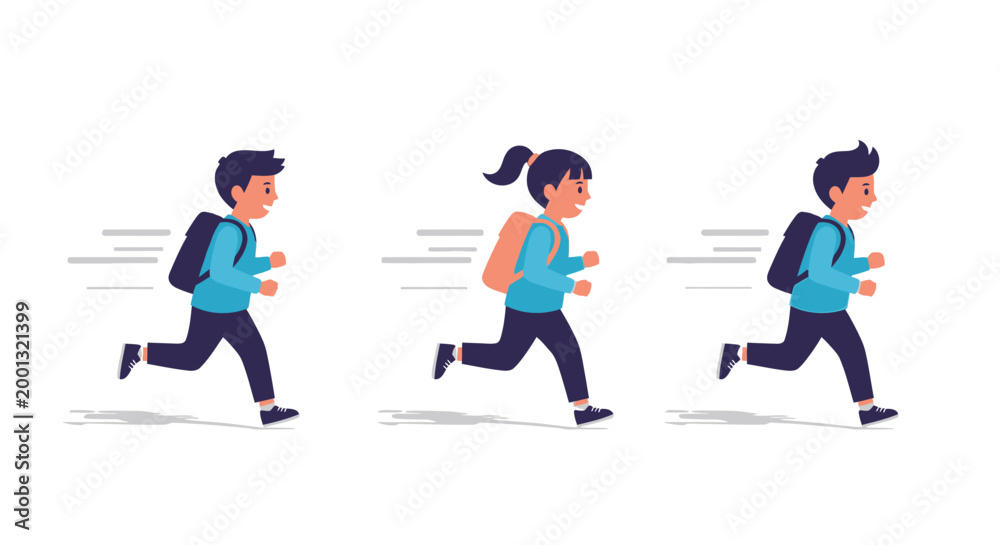 Fototapeta premium Children run with backpacks isolated on white background vector illustration