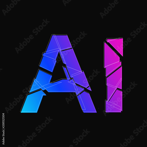 Futuristic AI typography in a fractured, low-poly style. Glowing neon blue and pink gradient letters on a dark background,illustration EPS10.