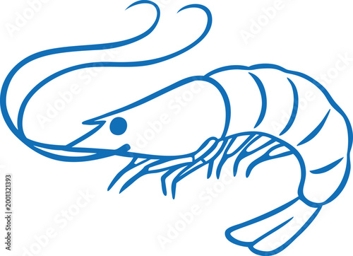 Shrimp blue line art vector icon, prawn dish from sea menu, marine cuisine Mediterranean menu doodle style